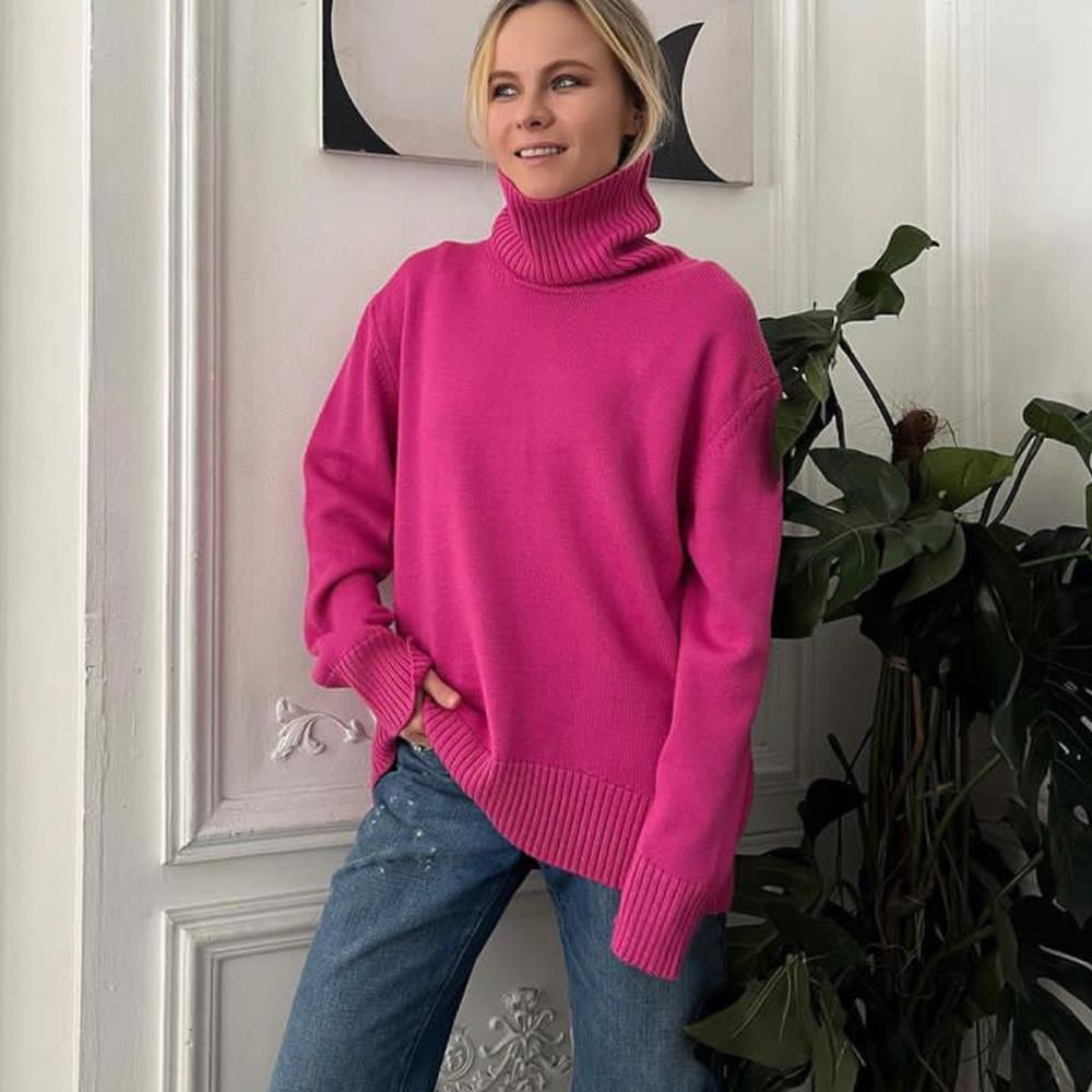 Autumn Winter Women Sweater With High Neck Knitted Fabric For Casual Lounge Wear