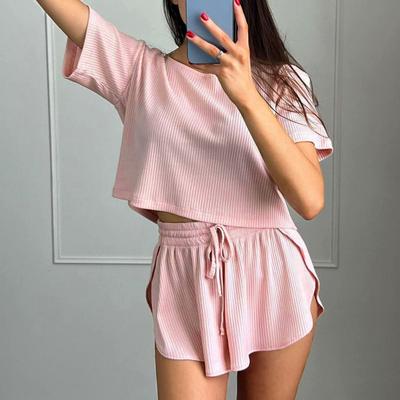 2 Pcs/Set Women Round Neck Sleeves T-shirt Pure Color Short Pajamas Set Elastic Waist Loose Shorts Sport