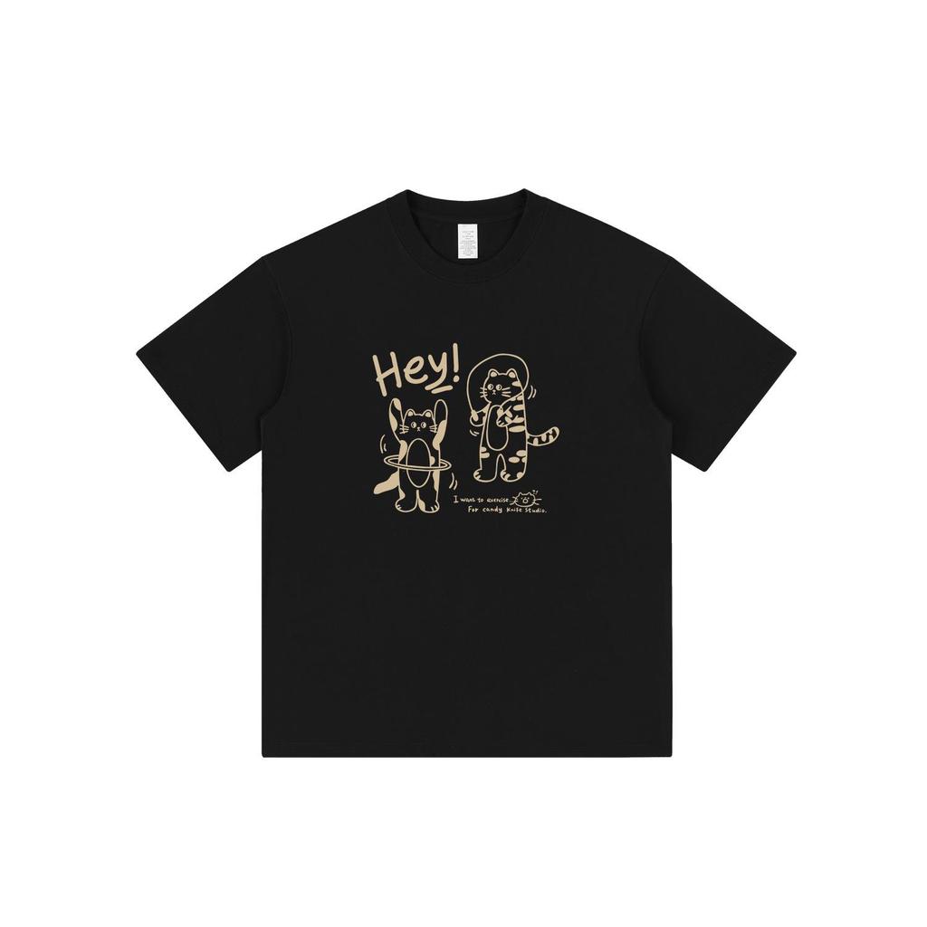 Unisex Summer Trend Cat Print Cotton Tee, Drop Shoulder, Loose Fit