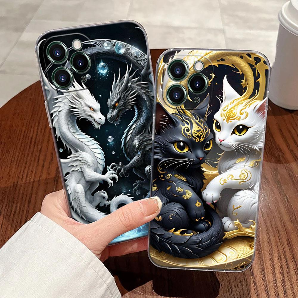 Cute Black White Dragon Transparent Case For Apple iPhone 17 16 15 14 13 12 11 Pro Max 16 Plus 16E 17Air 17Pro Phone Cover Funda