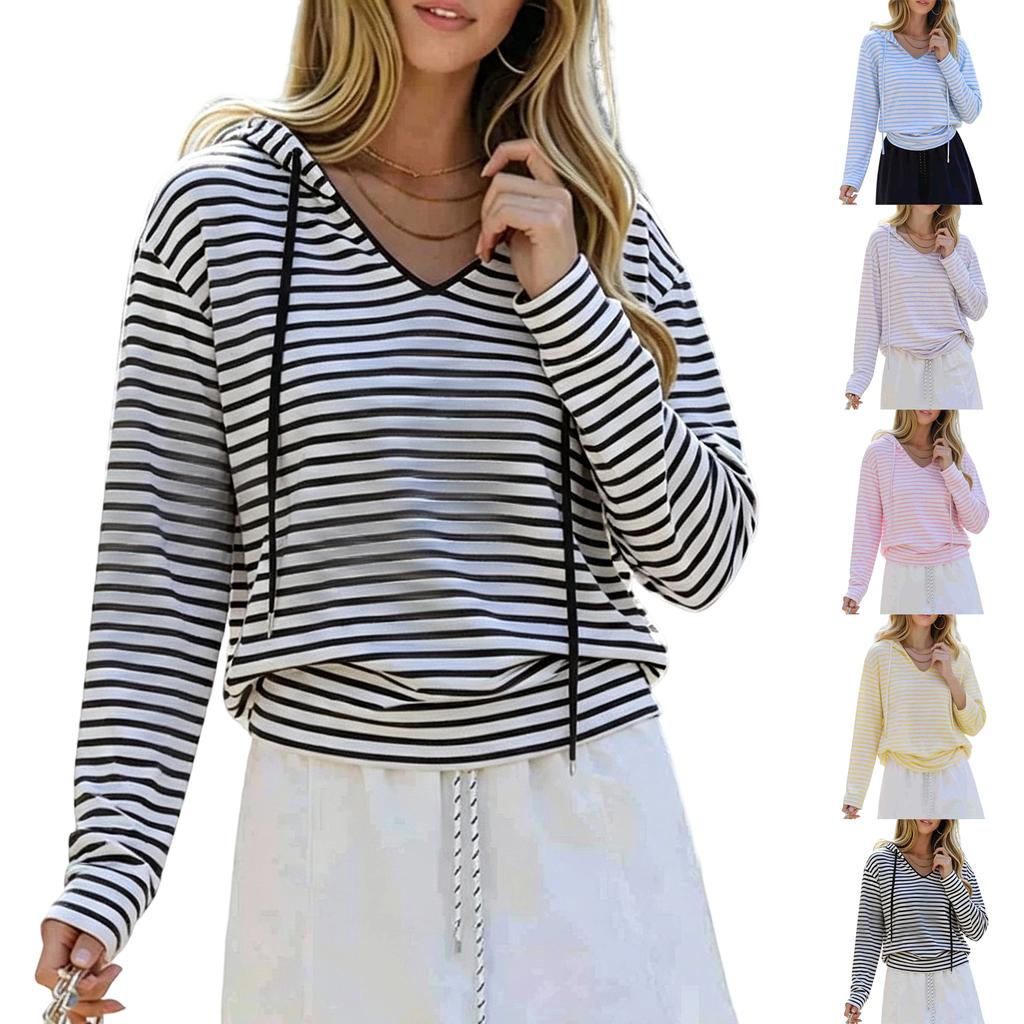 Women's Casual V-Neck Hooded Long Sleeve Striped Loose Fit Pullover Top