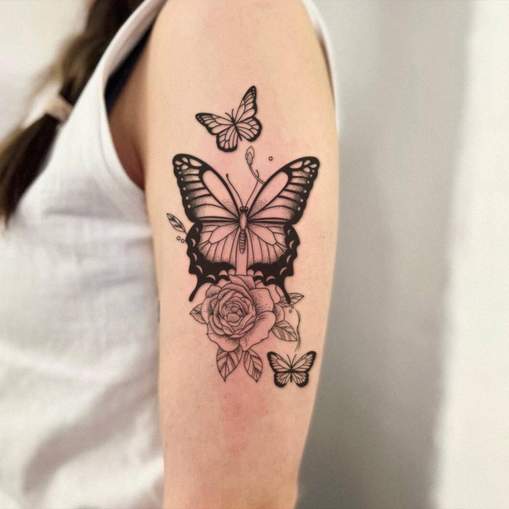 Realistic Butterfly Rose Tattoo Sticker, Waterproof And Long-Lasting, Women'S Upper Arm Advanced Sense Simulation Tattoo