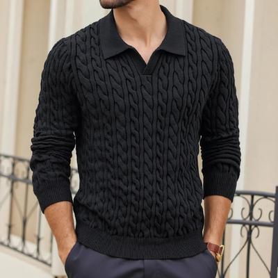 Men Knitted Tops Lapel Long Sleeve Solid Color Sweater Twist Pattern Winter Thick Warm Pullover Tops