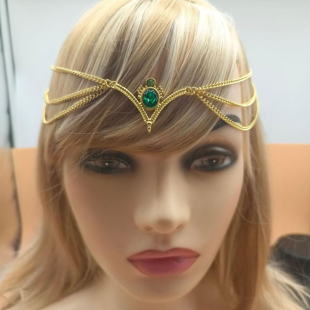 Fashion Bride Headdress Gold Chain Personality Ethnic Style Green Pendant Tassel Headdress Head Chain