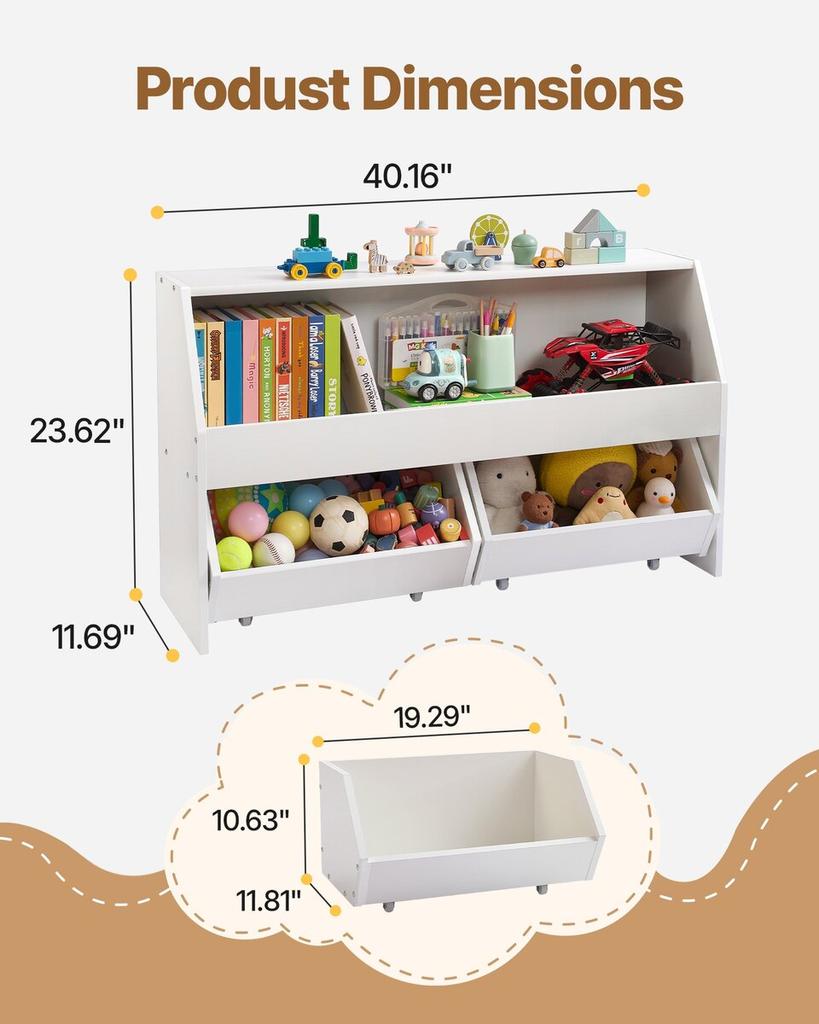 Toy Storage Organizer, Wooden Kids Bookshelf with Storage, Toy Storage Cabinet with 2 Mobile Drawers, Kids Storage Organizer for Bedroom, Nursery,
