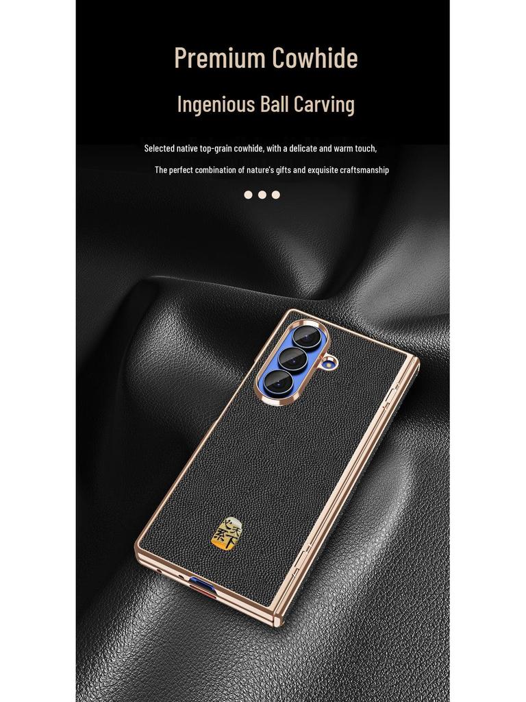 Genuine Leather Magnetic Phone Case for Samsung Z Fold7/6 - Electroplated Lychee Pattern Protective Shell with Integrated Film.