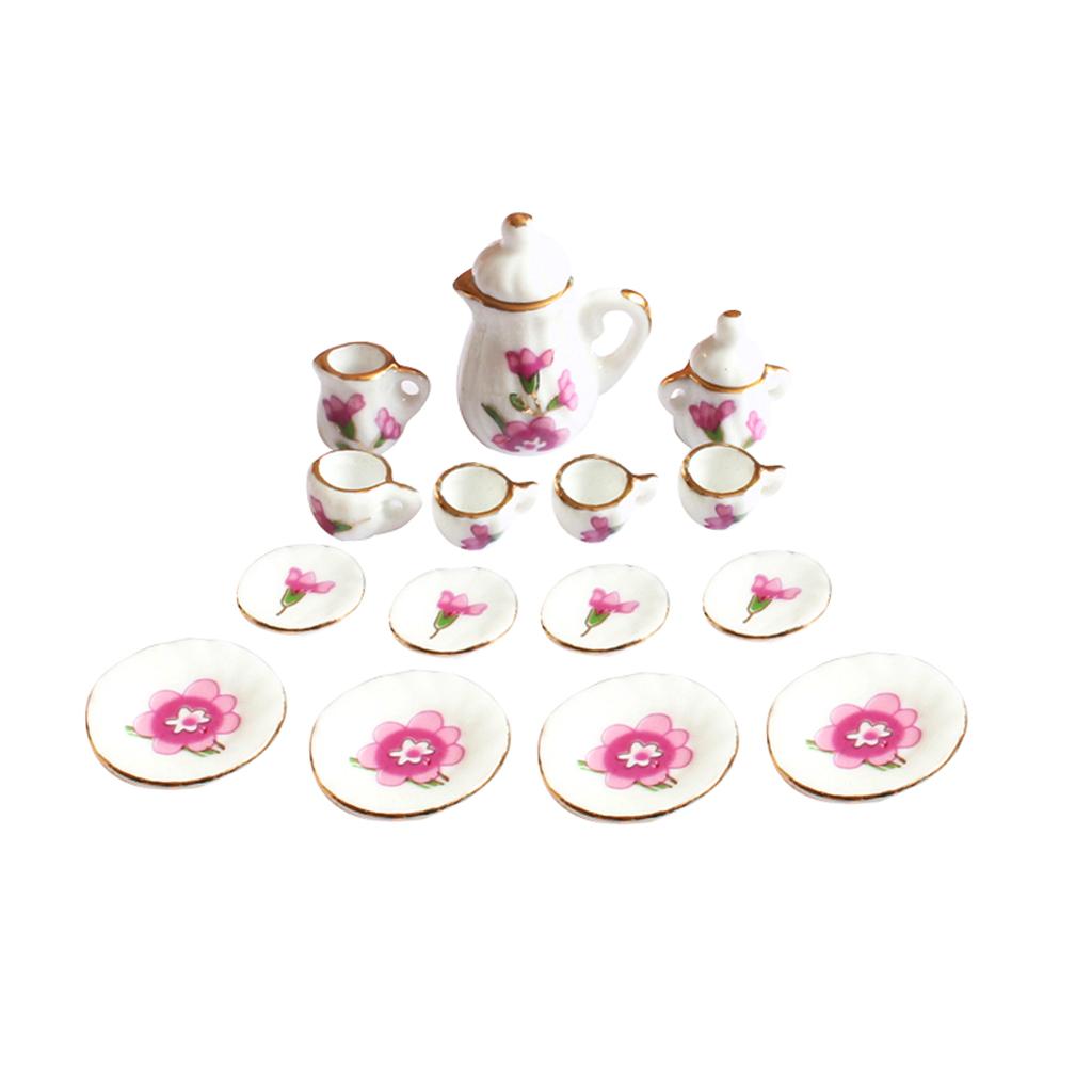 1/12 Dollhouse Miniature Dining Ware Porcelain Tea Set Dish Cup Plate Pot 15Pcs White+Pink/Green