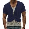 Mens V Neck Short Sleeve Solid Color Button Front Casual Summer T Shirt