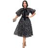 Summer New Light and Mature Temperament Bubble Sleeves Black Mesh Printing Fashionable Waist and Thin Sexy Dress