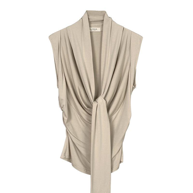 Korean Dongdaemun Pleated Sleeveless Slim-Fit Sash Top for Women