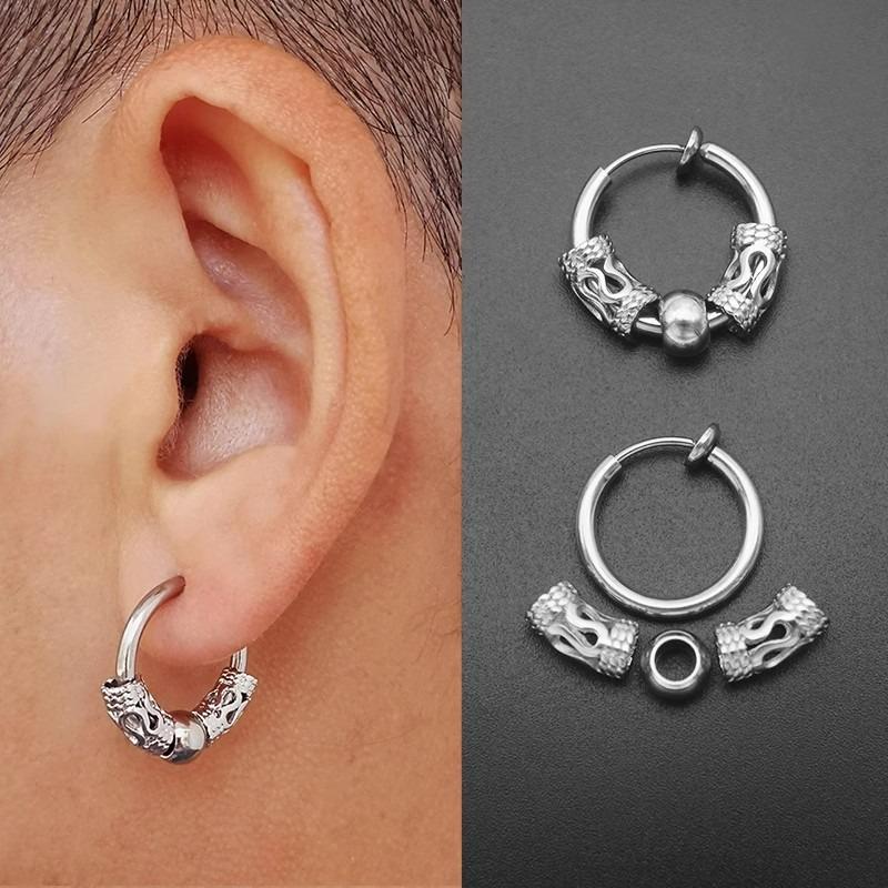 4pcs Punk Stainless Steel Round Circle Totem Hoop Metal Earrings For Men Women Fashion Earring Hip Hop Male Ear Piercing Jewelry