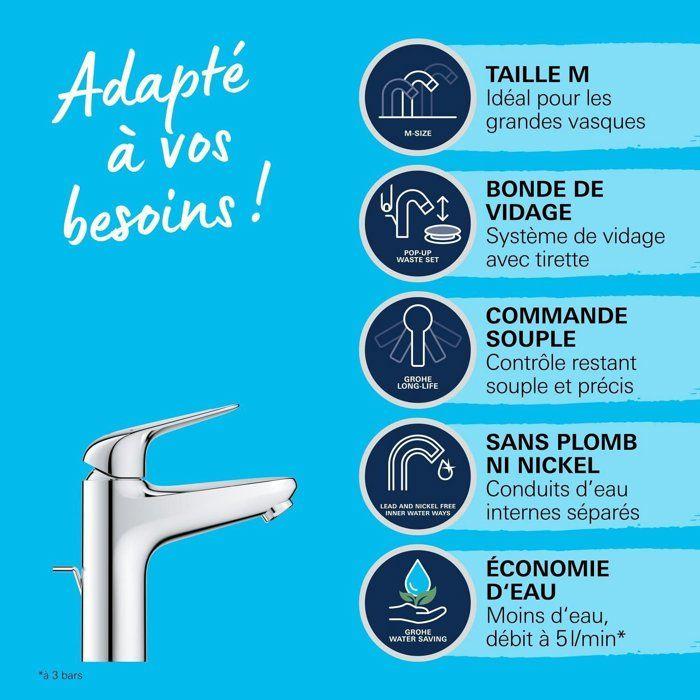 Mitigeur monocommande lavabo - GROHE Swift - 24325001 - Chromé - Taille M - Economie d'eau