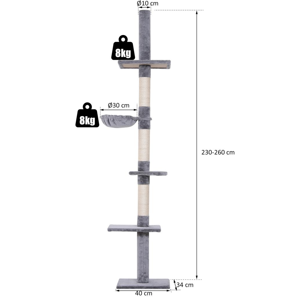 Floor to Ceiling Cat Tree 230-260cm Height Adjustable, 5-Tier Cat Tower with Scratching Posts, Hammock, Perches