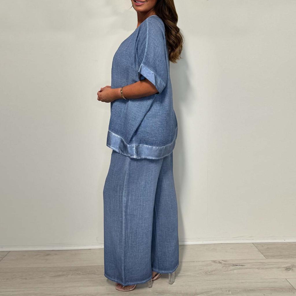 Women's V-neck Solid Color Long Sleeved Shirt Casual Pants Set Two Piece Set