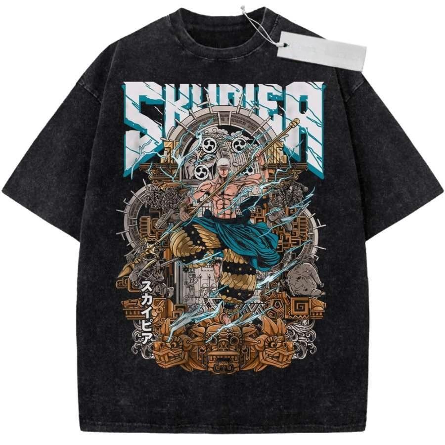 Unisex Black Washed Vintage T Shirt One Piece Enel Thunder God Skypiea High Quality Fabric for Fitness Casual Shopping