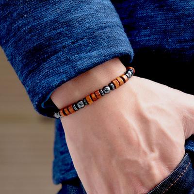Handmade Natural Wood Bracelet Men 6mm Lava Hematite Blue Sandstone Beaded Braslet Stone Pulseria Homme Meditation Jewelry Joias