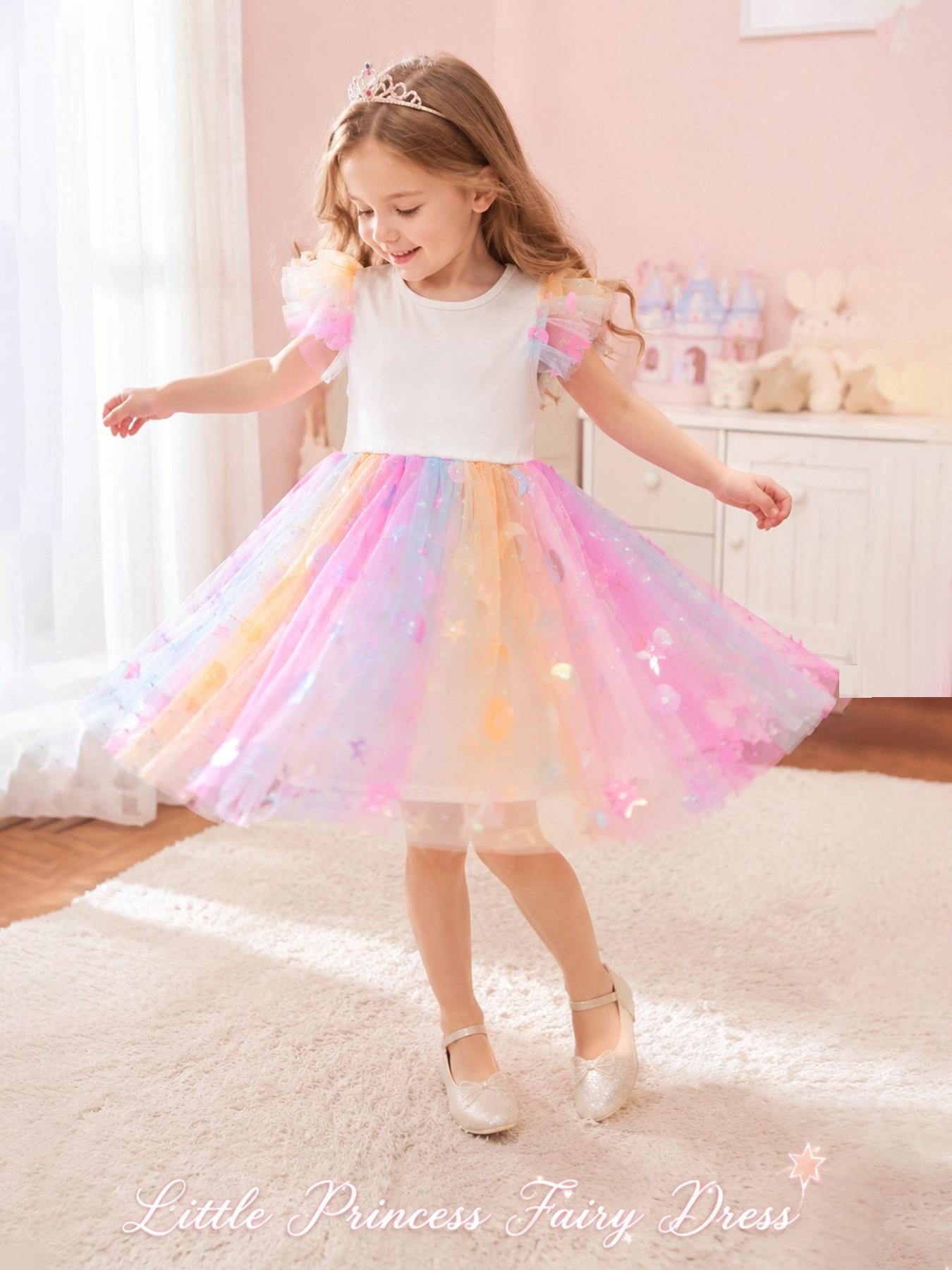 Girls Rainbow Tulle Dress Kids Star Moon Sequins Princess Party Dress Toddler Baby Sleeveless Summer Tutu Dress for 2-7Y 4Y разноцветный
