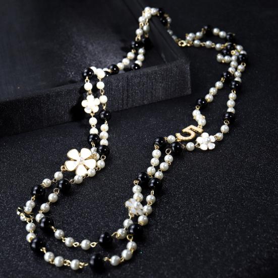 Damen-Halskette, doppellagig, Kunstperle, Blume, Zahl 5, Anhänger, lange Halskette, Schmuck, Geschenk