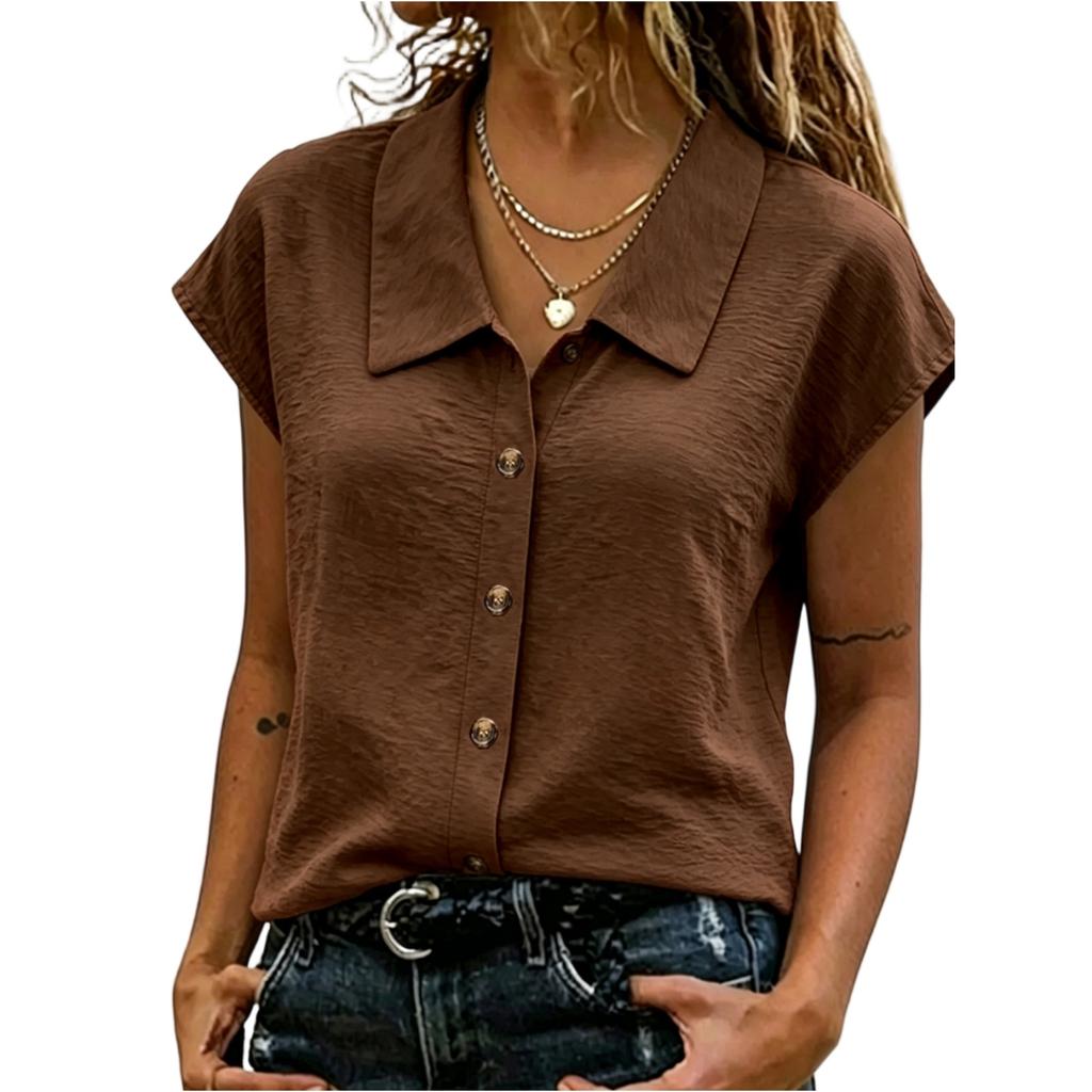 Womens Casual Short Sleeve Button Down Top Woven Fabric with Pointed Collar Relaxed Fit Lightweight Shirt for Everyday Wear