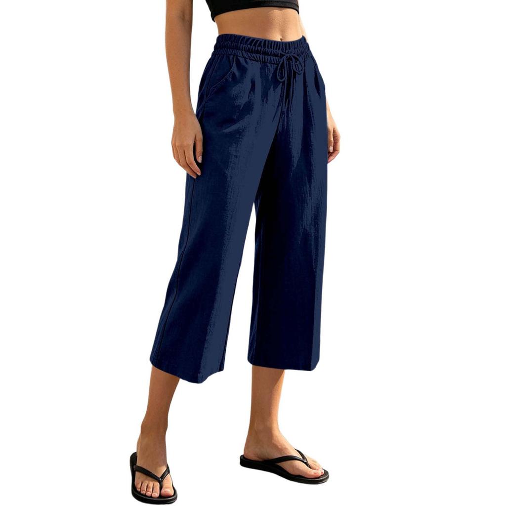 Women Drawstring Waist Loose Fit Cotton Linen Cropped Pants with Back Pocket Relaxed Fit Casual Seven Eighths Trousers for Daily Wear
