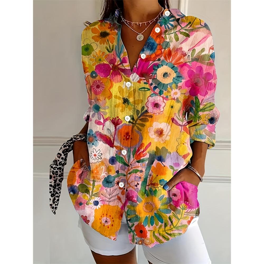 New Summer Fashion Women's Lapel Shirt Big Size Button Long Sleeve Daily Weekend V Neck Tops Floral Printed Loose Casual Shirt