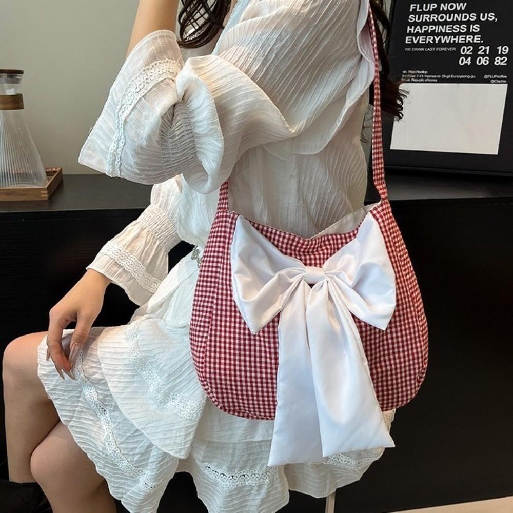 Cloth Bow Shoulder Bag Lattice Canvas Tote Bag Simple Plaid Shoulder Bag Outdoor