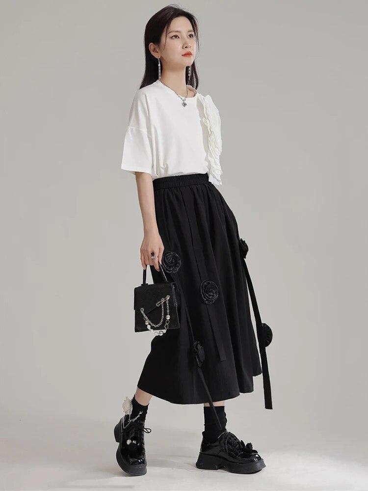 XITAO Black Casual Wide Leg Pants Personality Three-dimensional Flower Splicing Decoration Women Pants Summer New LYD1890