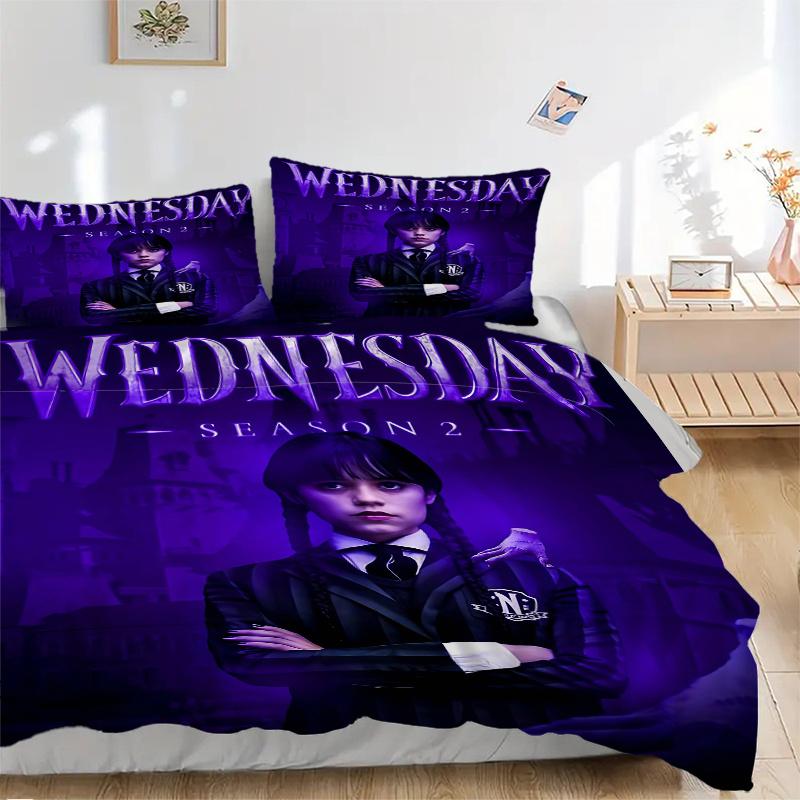 3-teiliges bedrucktes Steppdecken-Set Wednesday Addams - Enthält 1 Bettbezug und 2 Kissenbezüge, maschinenwaschbar - Geeignet für alle Jahreszeiten.H101