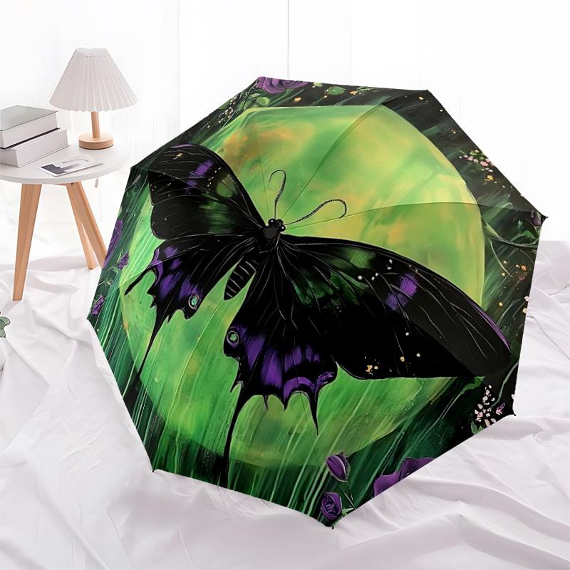 1pc Butterfly Moon Automatic Folding Umbrella Compact Lightweight Travel Umbrella with 8-Rib Sturdy Frame, Windproof & Self032