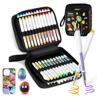 Ohuhu Acrylic Markers, Brush Type, 44 Colors, 48-Piece Set, Direct Ink Type, Opaque Water-Based Paint Markers for Stone, Wood, Egg, Glass, Ceramic, Ca