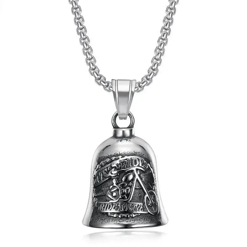 Retro Punk Angel Wings Motorcycle Lucky Bell Necklace Men's Motorcycle Rock Trend Cool Jewelry