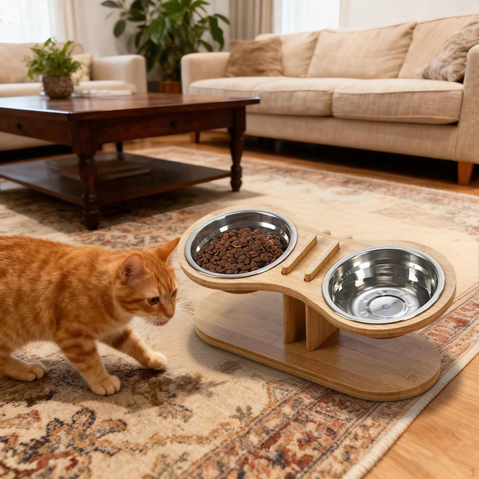 

Elevated Cat Bowls, Tilted Dishes for , Easy Assembly Wooden Stand, Adjustable Height, 2