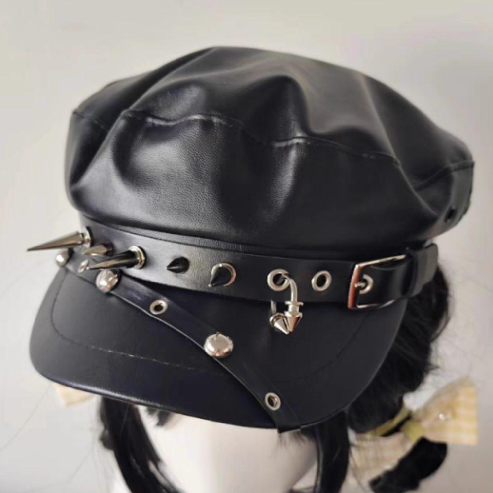 PU Leather Rivet Punk Cap Dark Retro Painter Hat Harajuku Gothic Spike Cap  Headdress
