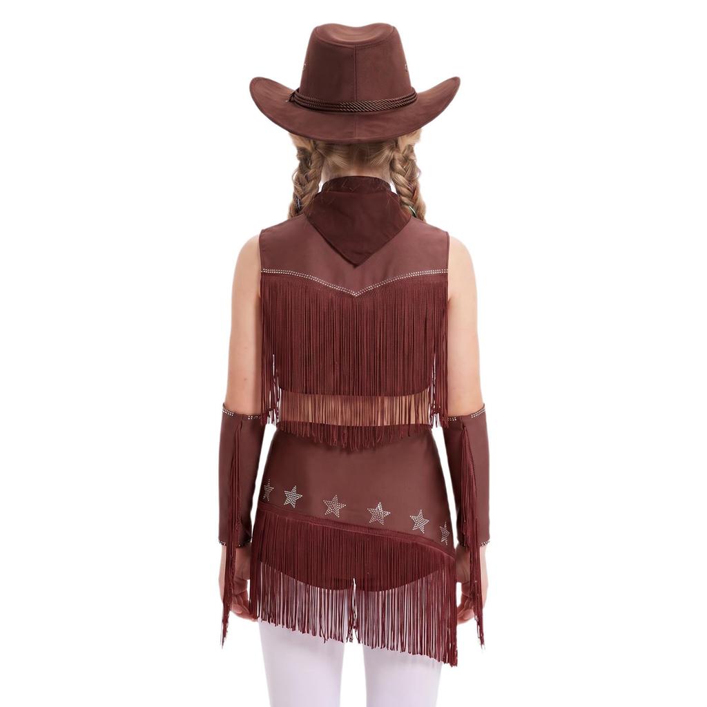 Costume da Cowgirl per Bambine Senza Maniche con Paillettes Strass Frange, Gonna Elastica, Guanti, Cappello, Fazzoletto, Danza Latina, Esibizione sul Palco, Competizione