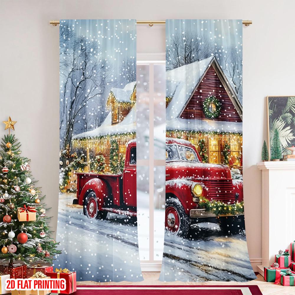 Set Of 2 Flat Printing Merry Christmas Party Curtains European Architecture Versatile Fabric Without Electricity Festive Made Polyester