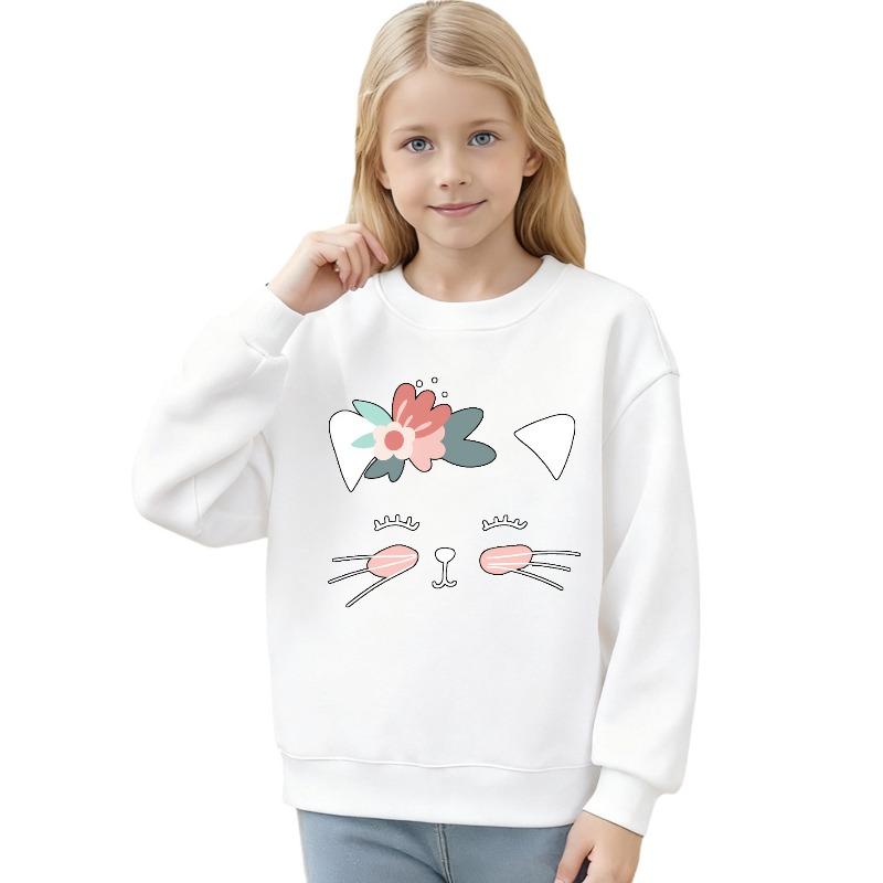 European sizes Crewneck Sweatshirt with Cat Face And Flower Print for Kids Casual Wear Machine Washable Ideal Gift for Kids