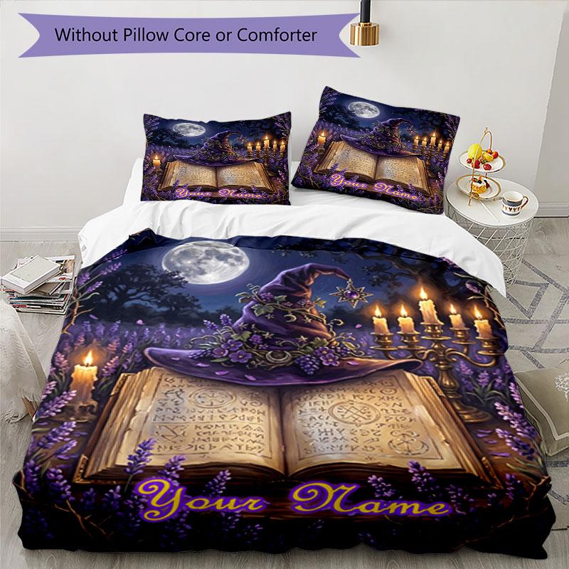 3PC Custom Name Witchcraft Spell Book Bedding Set Duvet Cover Closure Includes 1 Duvet Cover & 2 Pillowcases for Bedroom