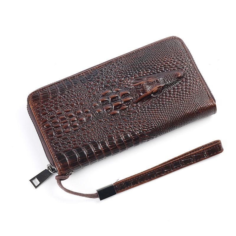 Herren Geldbörse Lang Reißverschluss Handtasche Echtes Leder Geprägtes Krokodilmuster Silberne Tasche Rindsleder Business Herren Handtasche