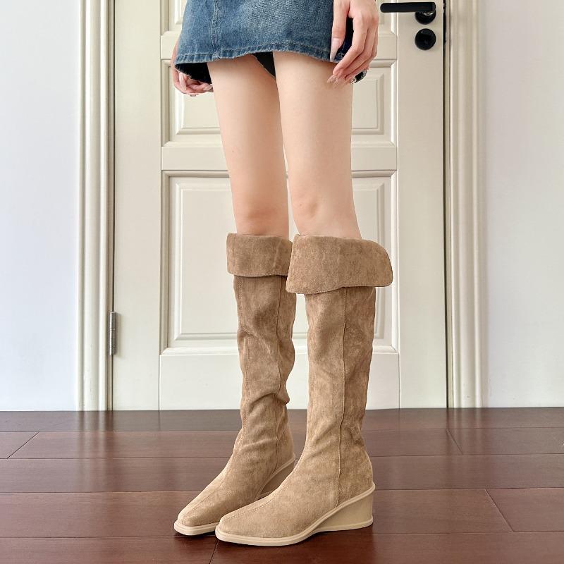 Over-knee Boots Women's Winter Fashion Boots Suede Square Head Slope Heel Piled Boots Women Commuting Two Wear Pleated Thin Boots
