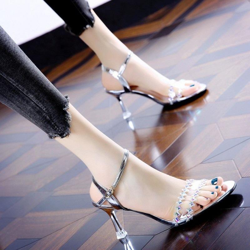 Silver High Heels Women's Summer Design Sense Niche Temperament 2025 with Skirt Transparent Rhinestone Thin Heel with Sandals