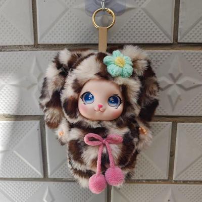 Cute Big Eyes Plush Keychain Soft Fluffy Faux Fur Checkered Bow Doll Pendant for Purse Decoration Girls Gift