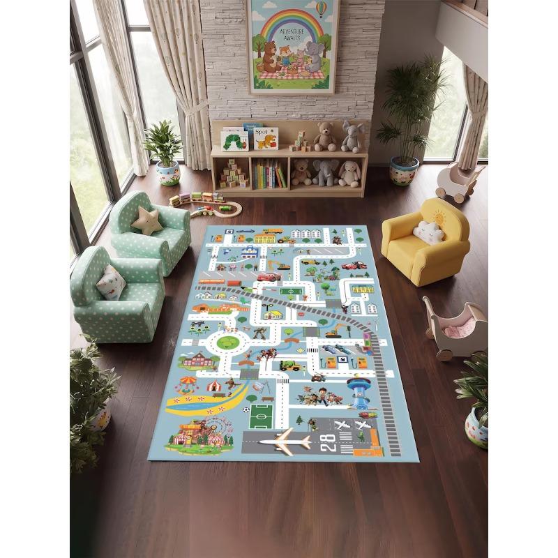 Cartoon City Street Traffic Map Area Carpet Creative Intersection Road Layout Design Floor Mat Home Decoration Anti Slip Rug