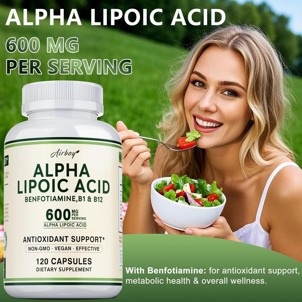 Capsule ad alto contenuto di acido alfa-lipoico, contenenti vitamina B1 e vitamina B12, 600 mg per porzione, adatte agli adulti.