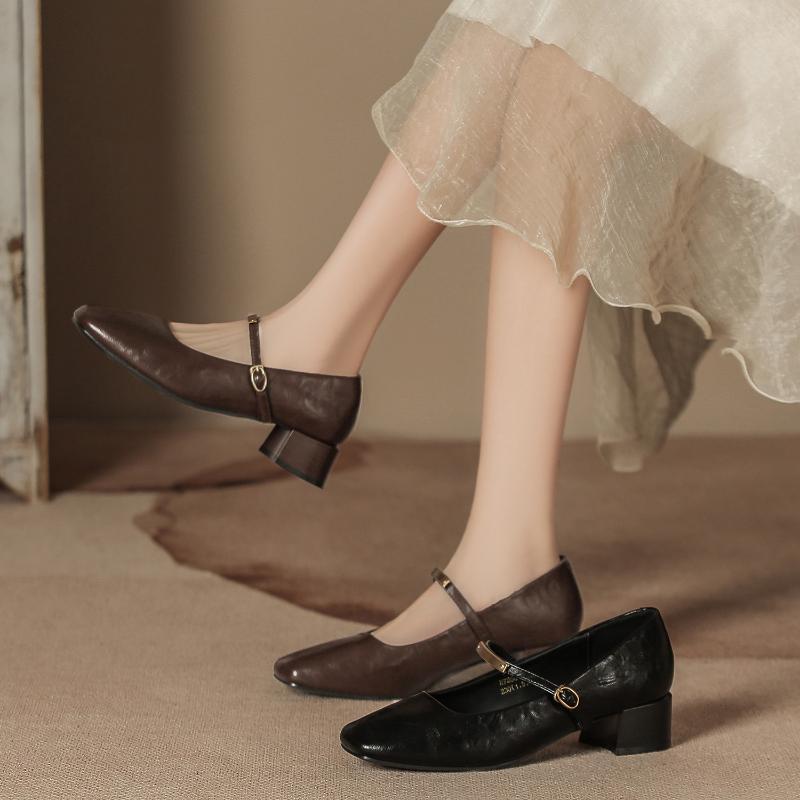 Autumn Winter New Soft Leather Mary Jane Shoes Chunky Heel Square Toe Retro Strap Comfortable Women Shoes Non-Slip Comfort