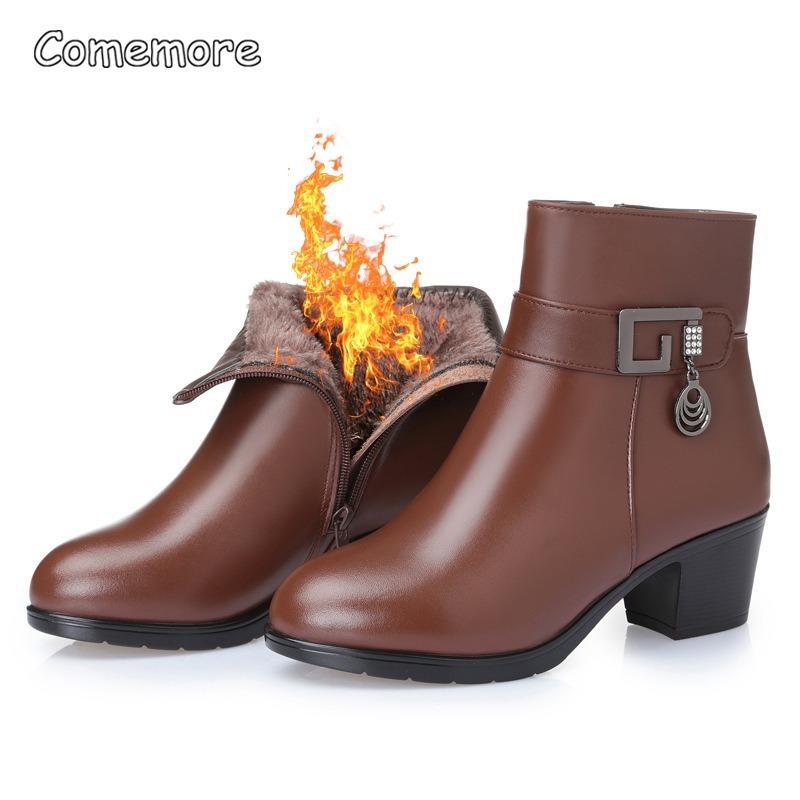 Fashion Comemore Winter Fur Boots High Heels Brown Ladies Heel Boot Adult Fashion Women's Shoes 2025 Genuine Leather Warm Booties Black