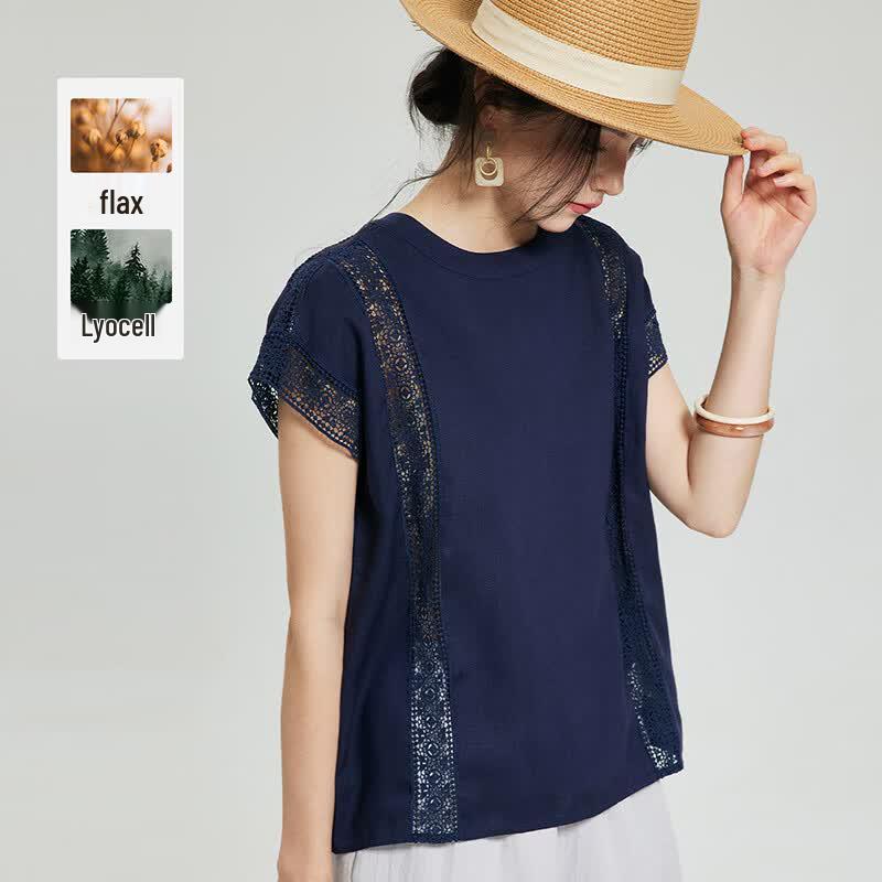 Women s Tencel Linen Lace Patchwork Short Sleeve Blouse M