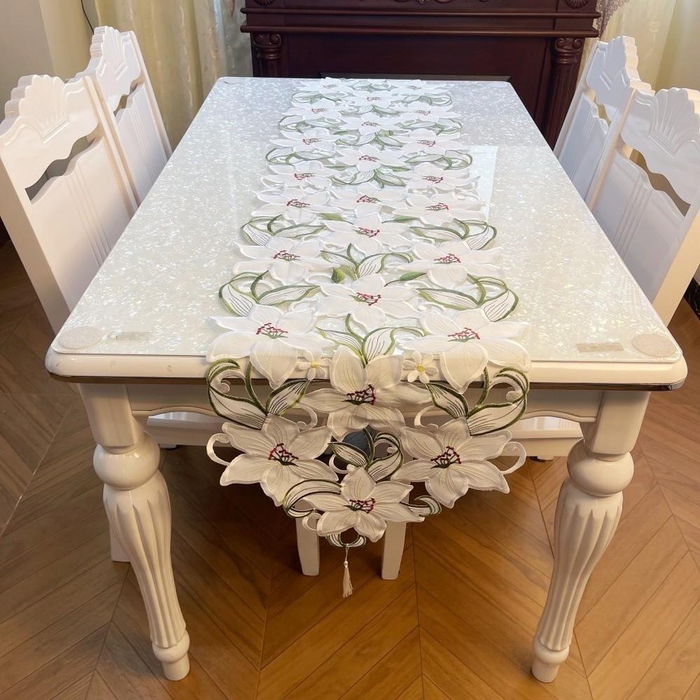 Hollow Design Embroidered Table Runner with Tassel Flower Table Mat Tablecloth Holiday Party