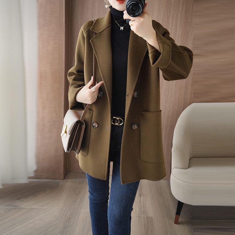 Luksusowy damski dwustronny wełniany płaszcz średniej długości z chenille - Duży rozmiar