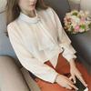 Korean Style Lantern Sleeve Knitted Ring Buckle Chiffon Blouse - Women's Long Sleeve Pullover Top