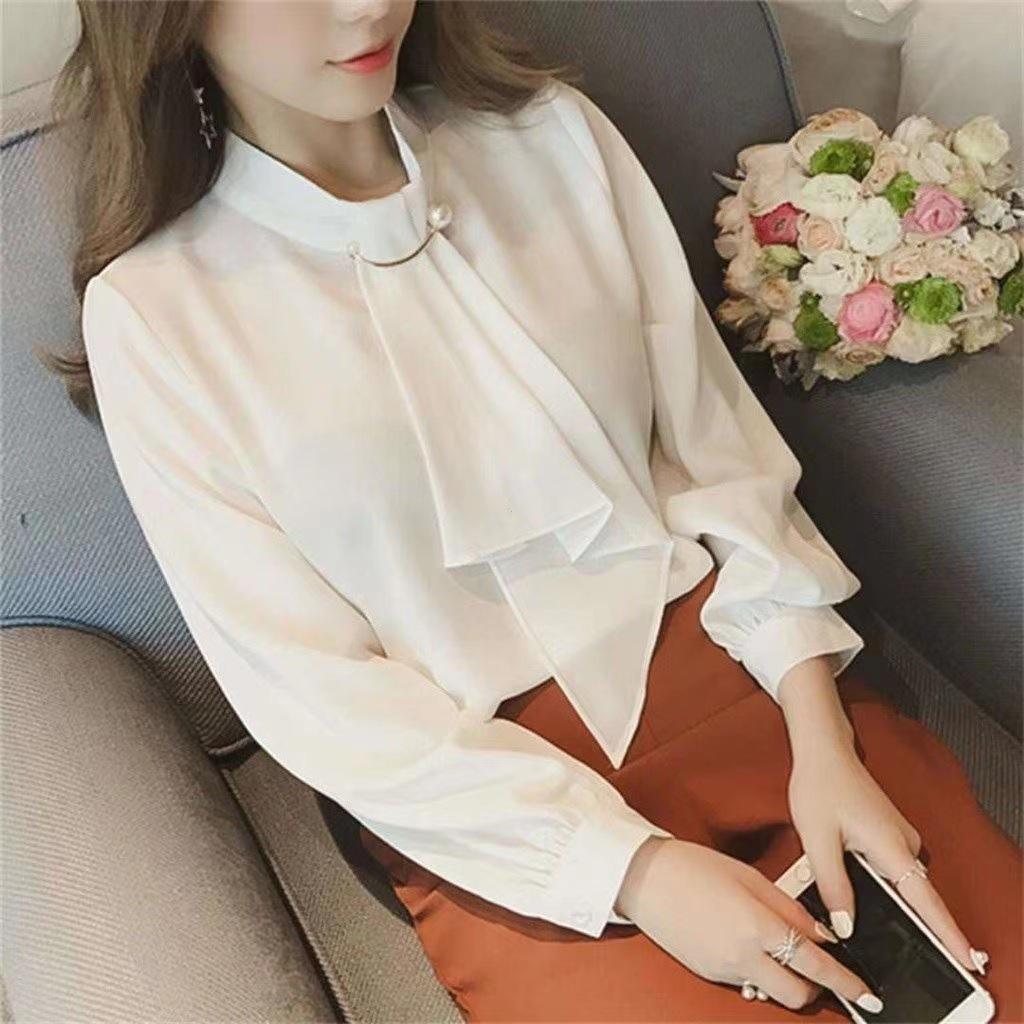 Korean Style Lantern Sleeve Knitted Ring Buckle Chiffon Blouse - Women's Long Sleeve Pullover Top